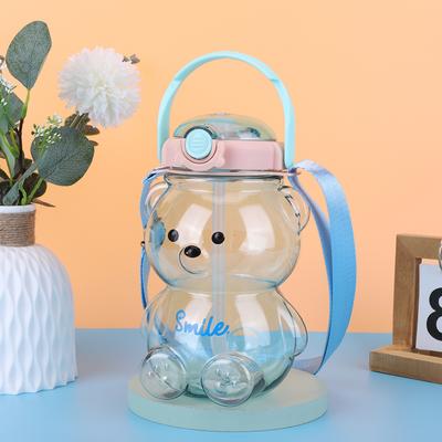 1000/1400ml Cute Bear Drinking Bottle with Shoulder Strap Cartoon Fitness Kettle Leak-Proof Travel Straw Cup for Outdoor Sports