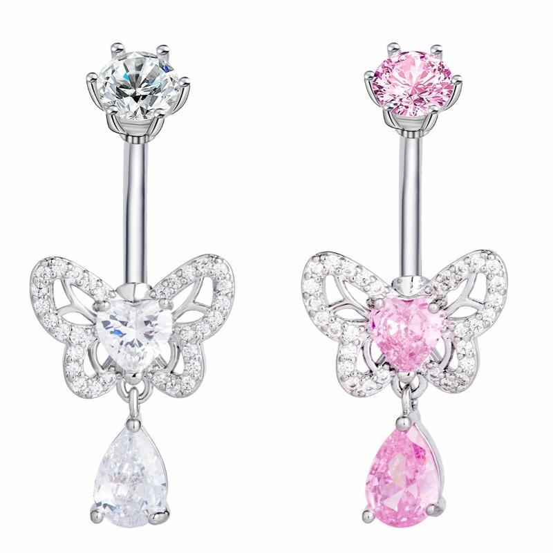 Zircon Belly Button Rings Stainless Steel Butterfly Heart Navel Piercing Shiny  Belly Ring For Women Body Jewelry