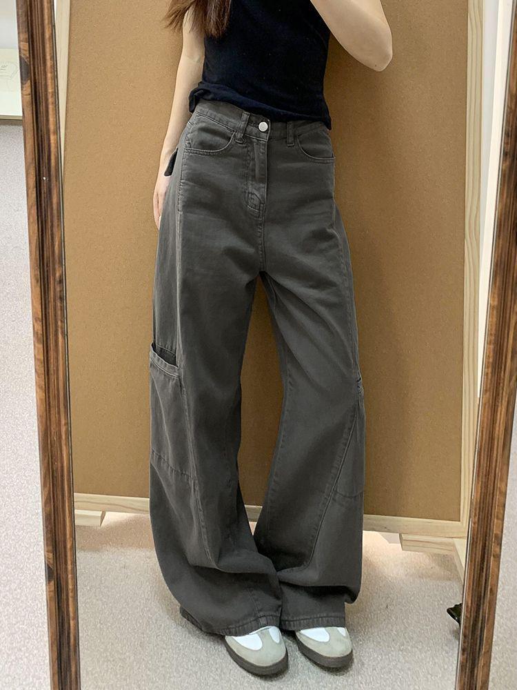 Extra Long Grey Wide-Leg Cargo Jeans for Women - Loose High Waist, Slimming, Straight-Leg, Floor-Length