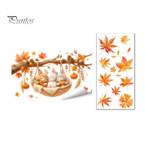 Seasonal Window Films 2Pcs Fall Maple Leaves Animals Static Stickers, Autumn Squirrel/Hedgehog/Rabbit/Raccoon Glass Removable Decor PVC Waterproof
