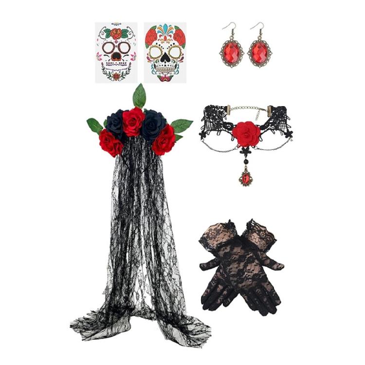 5Pcs Day of The Deads Costume Sugar Skull Costume Flower Headbands Lace Gloves Flower Choker Roses Temporary Tattooed 1