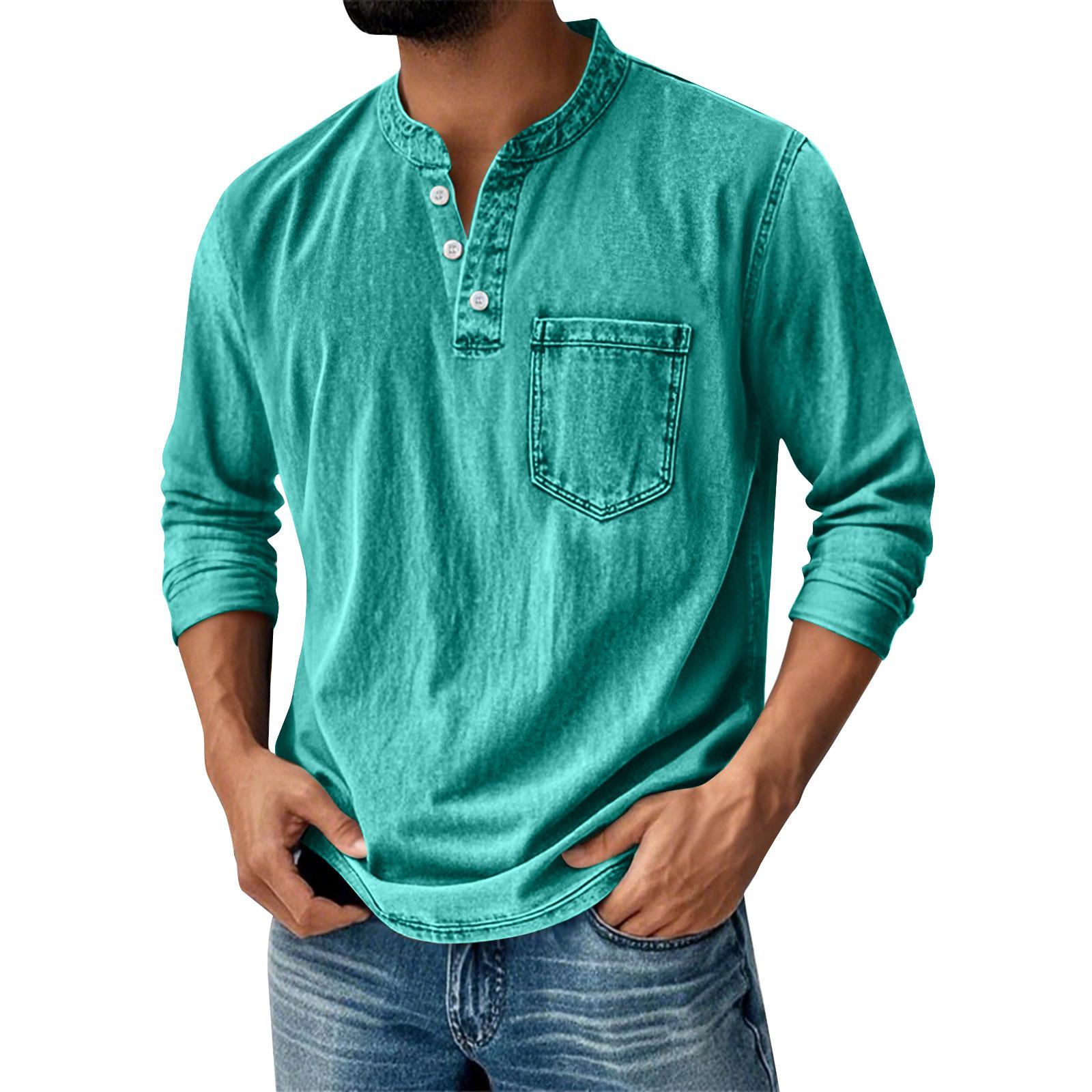 

Men s Casual Long Sleeve Henley Shirt with Chest Pocket Lightweight Cotton Pullover Stand Collar Top XL зелёный