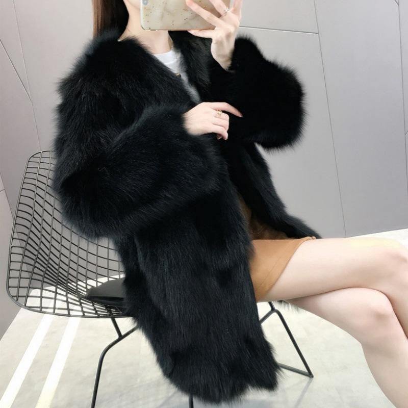 New fur coat women's imitation fox hair long-sleeved medium and long thin V-neck foreign hair coat