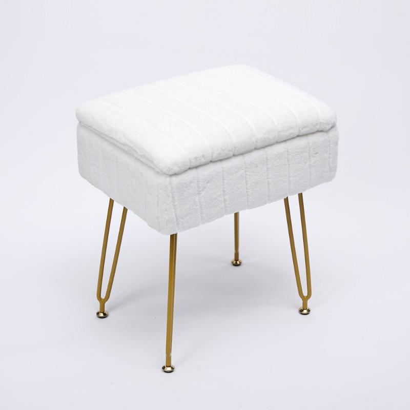 Vanity Stool Faux Fur with Storage, Anti-Slip Metal Legs Makeup Ottoman for Bedroom