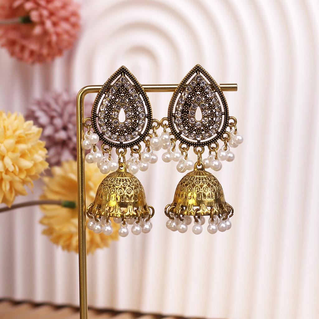 Retro Diamond-Encrusted Bells, Water Drop Ear Hooks, Light Luxury Bohemian Style Fashion Temperament Earrings
