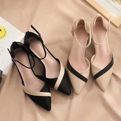 Scarpe da donna classiche beige con tacco quadrato e punta per feste, da donna, primavera estate, con fibbia nera, in pelle PU, da lavoro