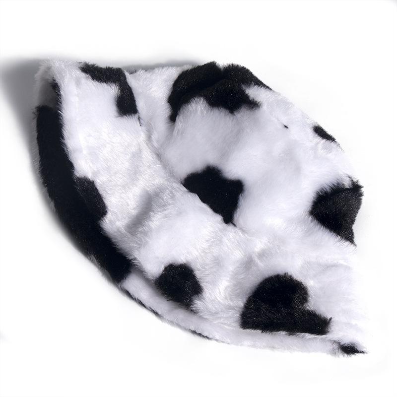Chi Internet Celebrity Black and White Cow Pattern Bucket Hat Autumn and Winter Plush Warm Shopping Versatile Ins Basin Hat