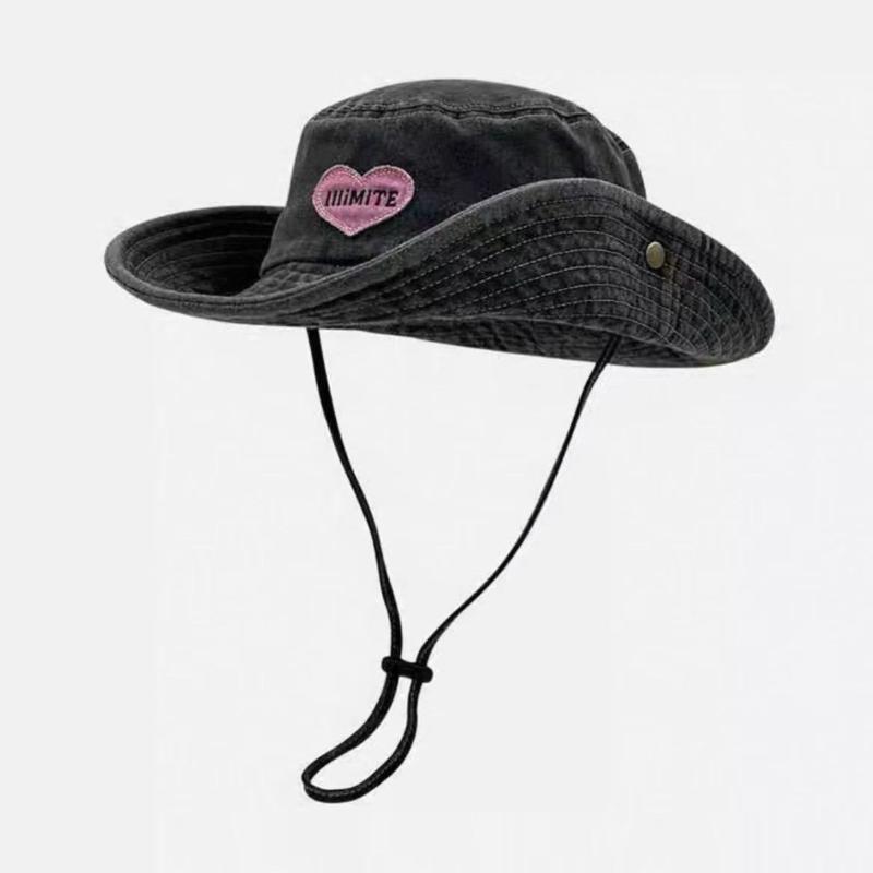 Retro Washed Love Cowboy Bucket Hats Women Spring Summer Outdoor Frenulum Sun Protection Sweet Pink Sun Hat Fisherman Caps