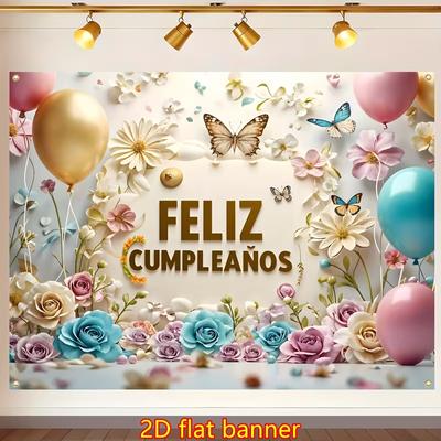 2D HD Spanish Birthday Backdrop, Pastel Flowers and Balloons Photo Background Cloth