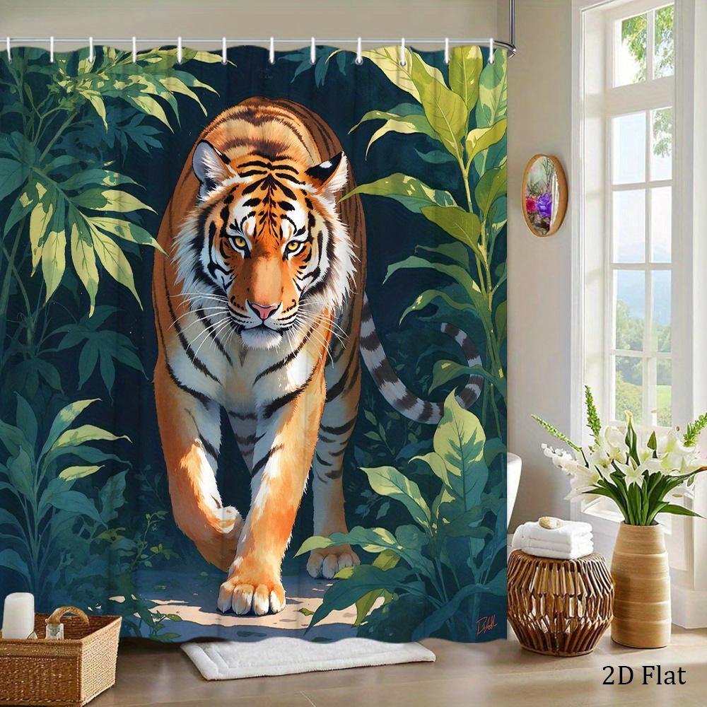 Majestic Tiger Shower Curtain Polyester Bathroom Decoration, Lush Green Leaves, Tropical Jungle Scene, 12 Hooks, 70x 70 Inches