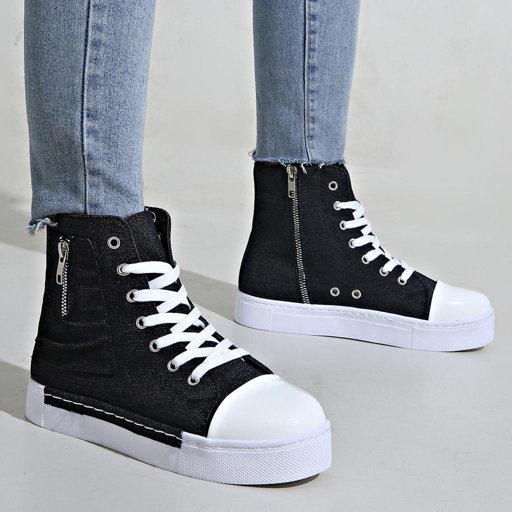 Large Size High Top New Casual Single Shoes Women'S New Pocket Decorative Cloth Side Zipper Board Shoes
