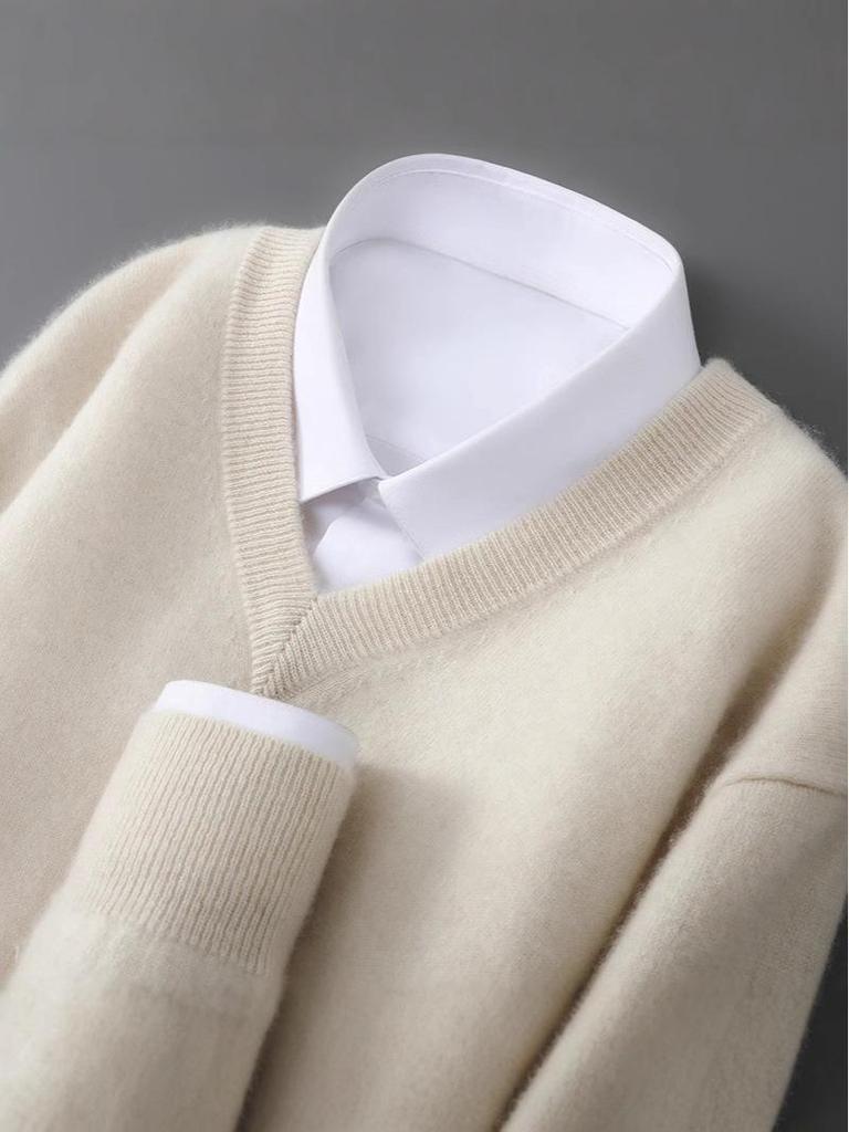 Men's Pure Wool V-Neck Sweater - Loose Fit, Plus Size, Cashmere Blend, Autumn/Winter Collection