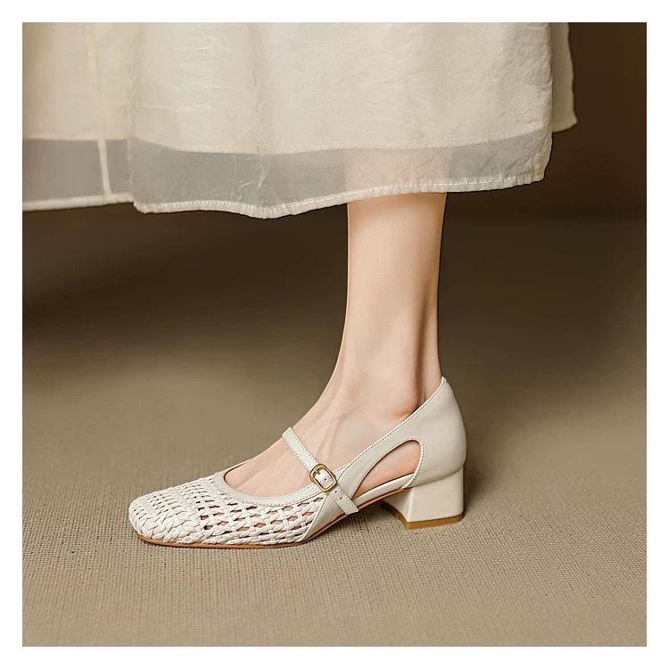 French hollow woven Mary Jane hole shoes single shoes 2025 spring and summer new square head one-word buckle with middle heel sandals