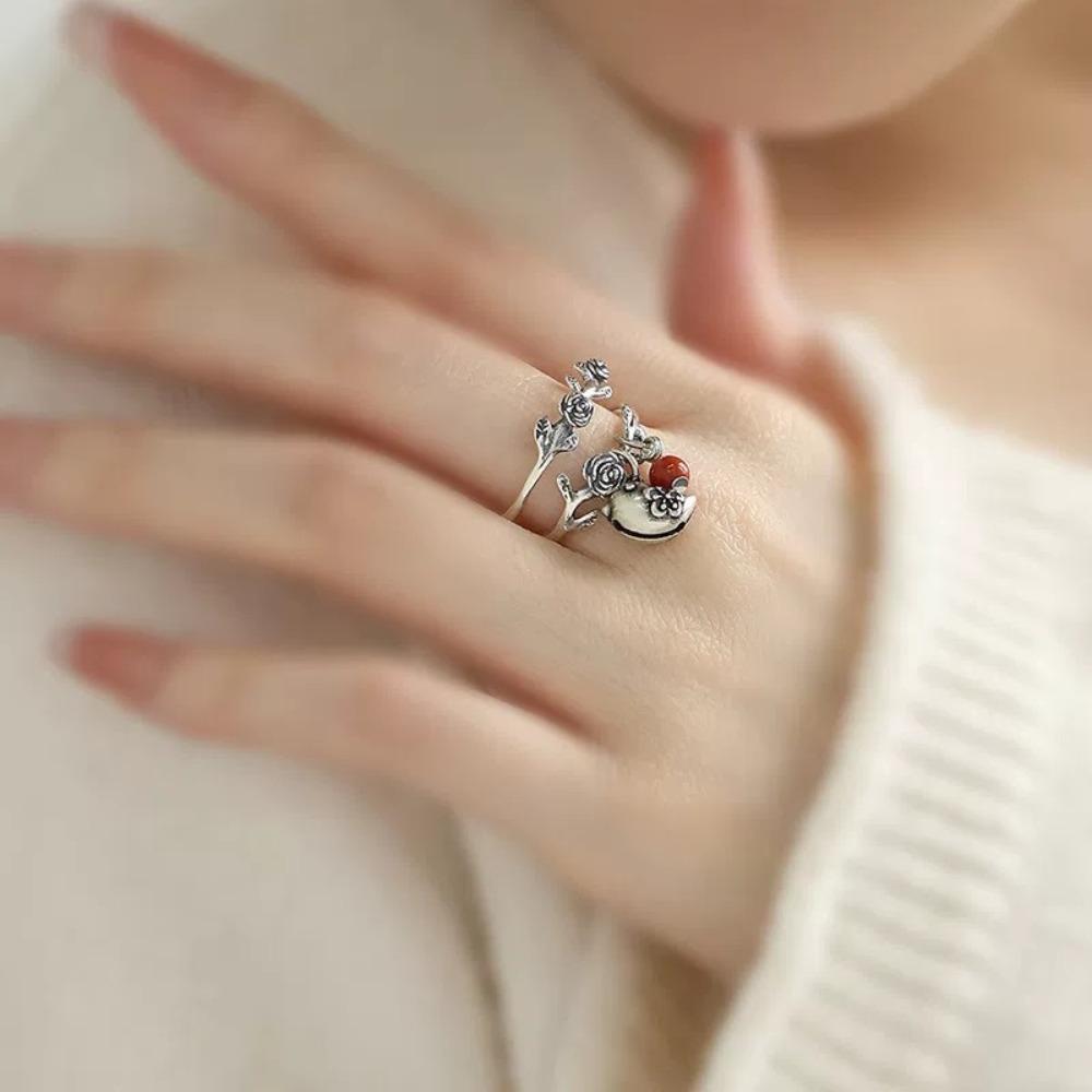 Retro Temperament Double-layer Rose Flower Vine Little Bird Bell Opening Ring for Women Exquisite Stainless Steel Finger Jewelry