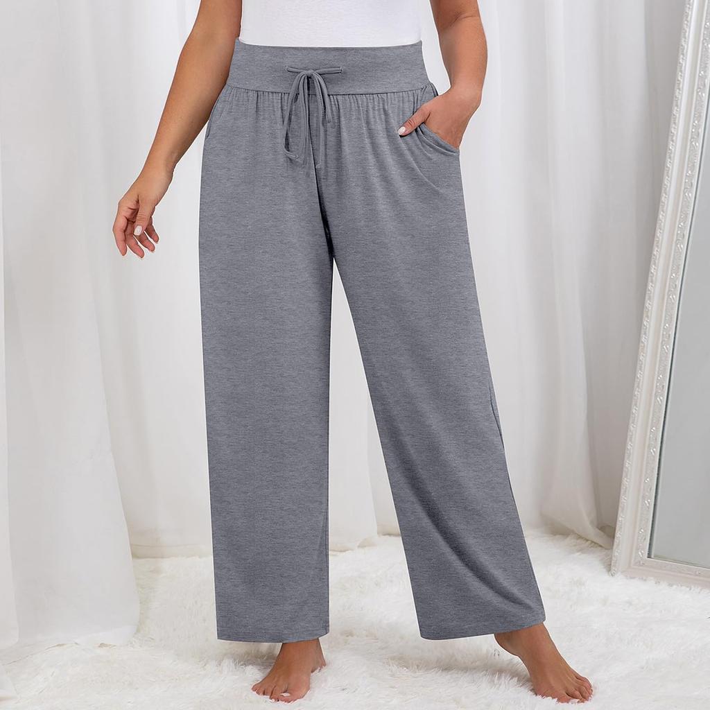 Damen Einfarbig Übergröße Weitbein Yoga Hose Locker Kordelzug Sporttasche Freizeit Hose