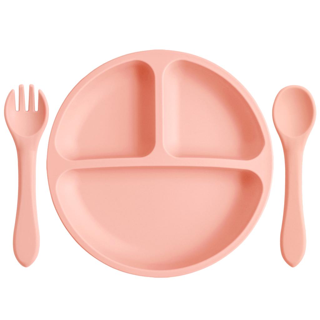 Color Kids 3PCS Silicone Baby Feeding Set Suction Plate Wooden Spoon Fork BPA Free Training Tableware Dish Bowl Gift Set