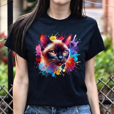 Burmese Cat Color Splash Unisex T-Shirt Black Navy Dark Heather