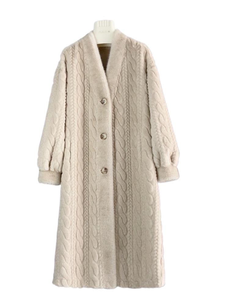 Thick Long Faux Mink Cable Knit Cardigan and Leather-Fur Eco Coat for Women Winter