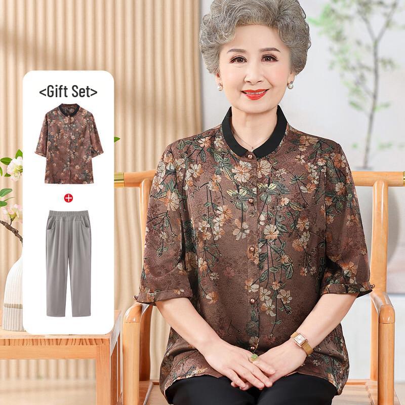 Elderly Women's Summer Stand-up Collar Shirt Set