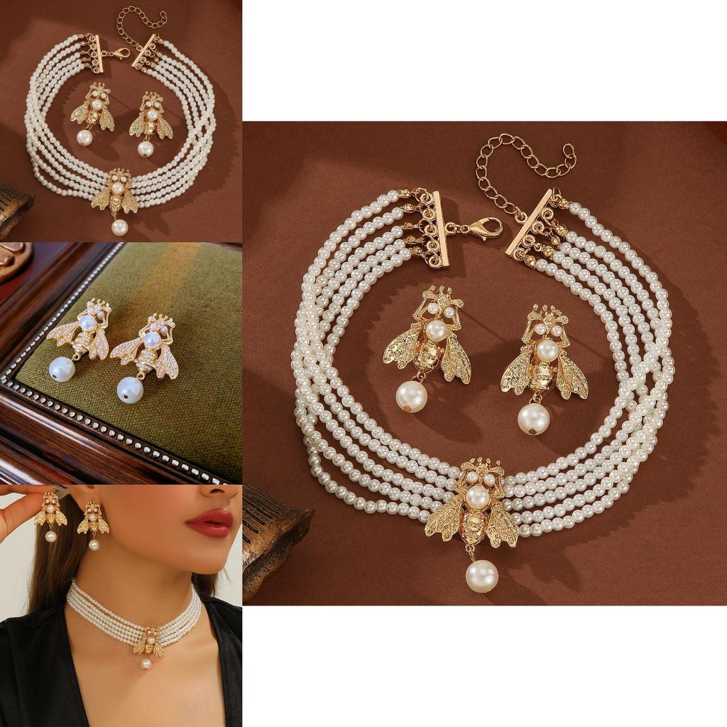 Pearl Animal Jewelry Set With Gold Small Bee Pendant And Earrings For Women