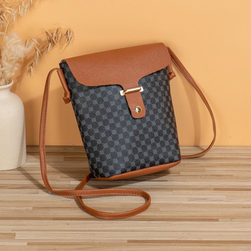 New simple casual rhombus embroidered oblique span mobile phone bag fashionable old flower contrasting color shoulder bag