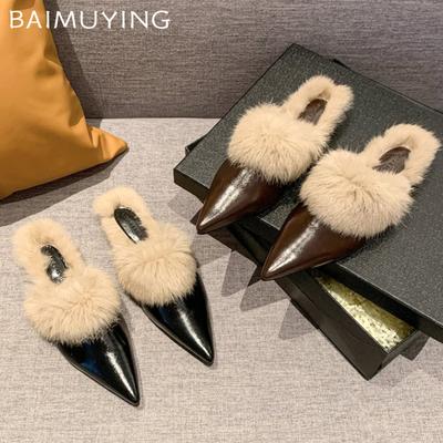 Fur Pointed Toe Slippers Women Mules Shoes Flats Woman 2025 Trend Winter Elegant Fashion Warm Dress Party Zapatillas De Mujer