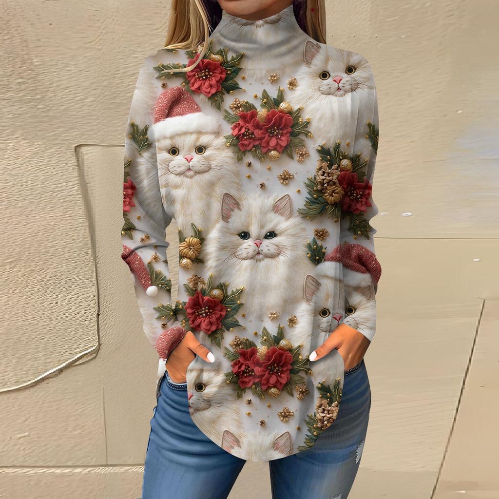 Damen Herbst Casual Langarmshirts Sweatshirt Vintage Bedrucktes High Neck Top Pullover