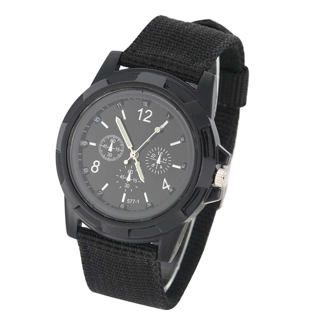 Electronic Analog Wrist Watch Round Nylon Strap Military Wristwatch (Black)