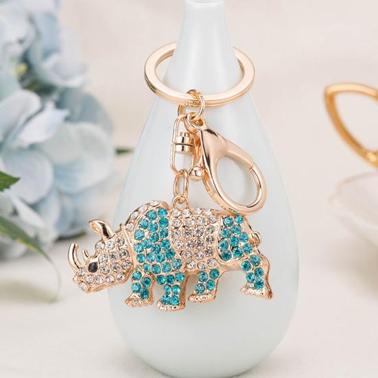 Keychain Pendant 3D Cartoon Rhinoceros Design Sparkling Rhinestones Inlaid Key Chain with Lobster Clasp Key Ring Bags Accessories