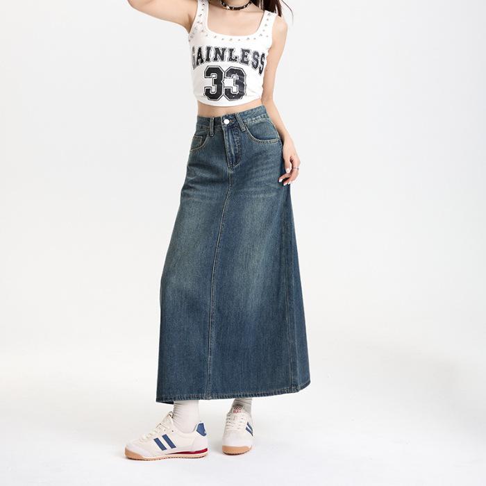 

Юбка из денима с разрезом на кармане, ретро-юбка средней длины, узкая талия, демонстрирующая длинные ноги XL