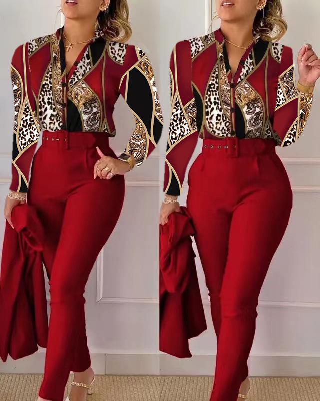 Printed Long-Sleeve Top & Solid Color Pants Suit with Belt