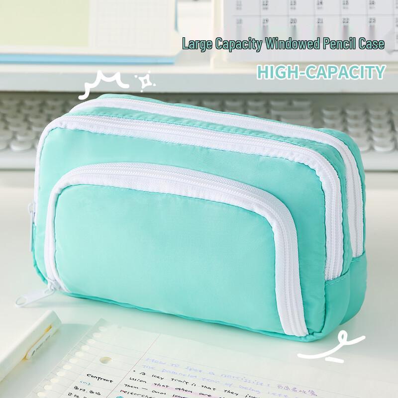 Student Double-Layer Front-Opening Pencil Case зелёный