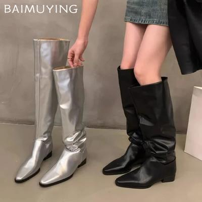 Silvery Women Over The Knee High Boots Winter Elegant Chunky Leather Shoes Woman  Trend Goth Snow Chelsea Botas De Mujer