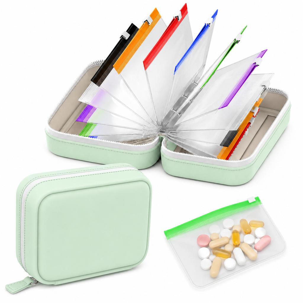 Travel Portable Pill Organizer with 14 Reusable Zipper Pouches, Food Grade Silicone Case for Medicine and Daily Essentials