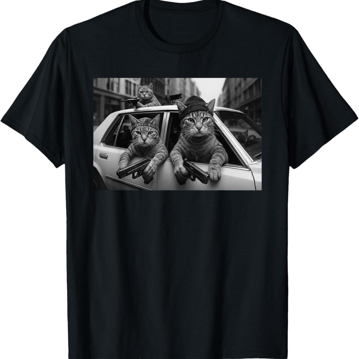 Funny Cat Gang Vintage Cats with Guns Meme Streetwear T-Shirt S