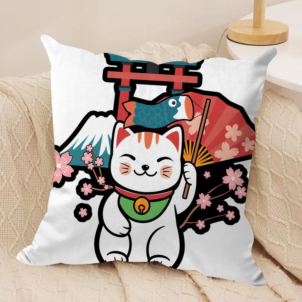 Aneki Neko Rich Luck Money Cat Cushion Cover Silky Short Plush Invisible Zipper Dustproof Sofa Pillow Case For Home Decor