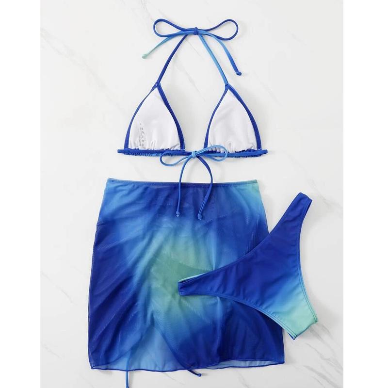 Nová dámská móda Kravata Dye Split Bikini Plavky Třídílná sada Sexy pásek s otevřenými zády Plavky Krásné Gradient Beach Sukně Bikiny