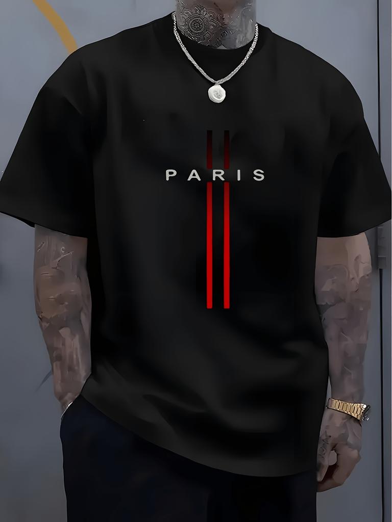 Stretch T-Shirt - Paris Pattern Print Street Style Crew Neck Short Sleeve Casual Top, Suitable for Summer And All Season