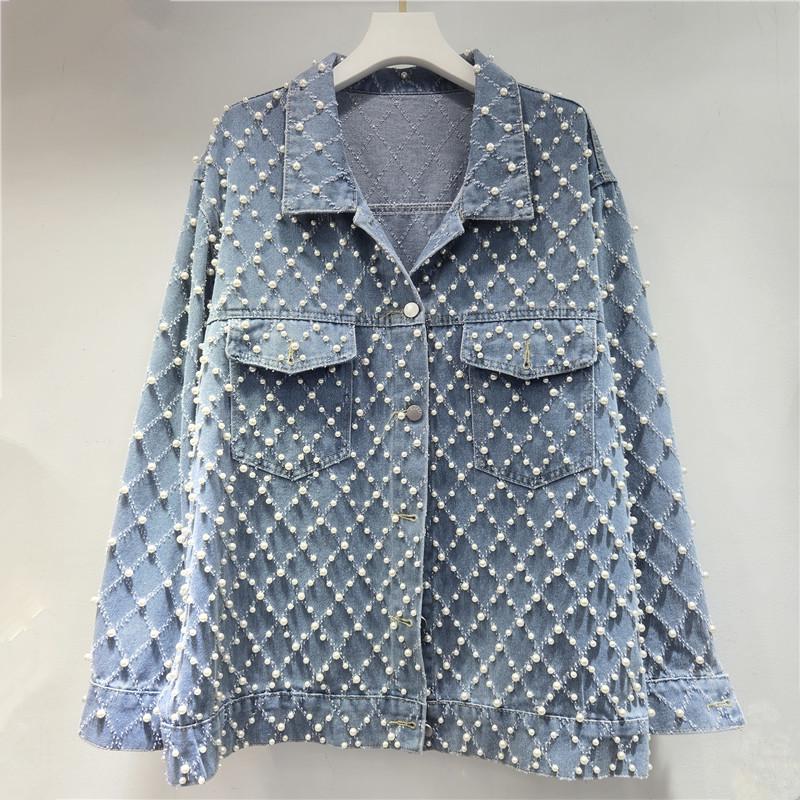 

Свободная джинсовая куртка с ретро-жаккардом и бусинами для женщин, весна 2026 One Size синий