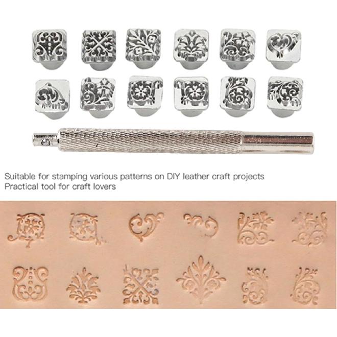 12PCS Leather Stamping Tools, 12 Patterns Zinc Alloy Leather Craft Stamps Punch Set Tool, Flower Design Leather Stamper for Leather Craft DIY Jewelry