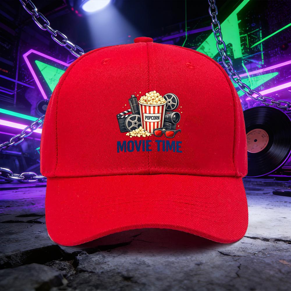 A Baseball Cap Featuring the MOVIE TIME Popcorn Design a Unisex Outdoor Sports Sun Hat Suitable for Couples Available In Mul