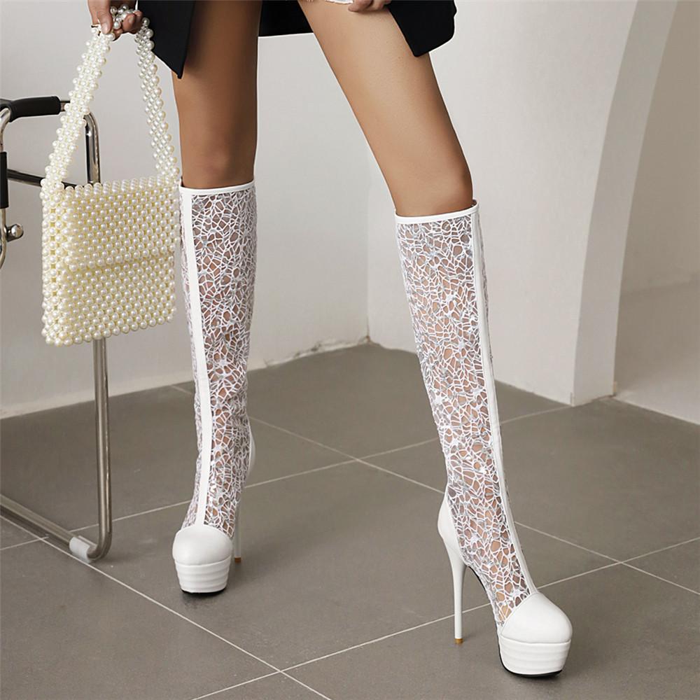 Mode Été Sexy Plateforme Talons Hauts Fins Boîtes de Nuit Découpé Bottes Genou Femme Bout Rond Dentelle Maille Zip Chaussures Sandales Blanc Noir
