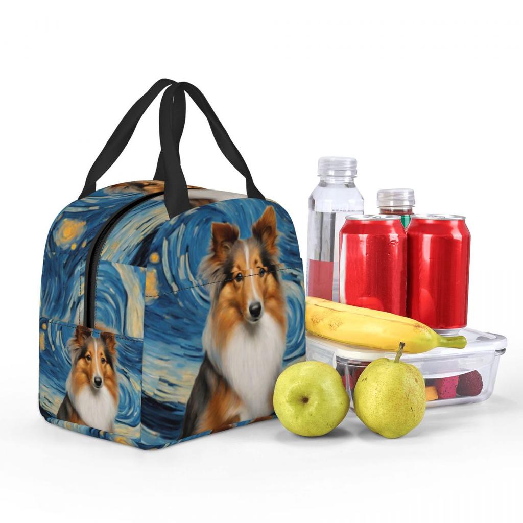Shetland Sheepdog Dog In A Van Gogh Starry Night Insulated Lunch Bag for Women Office Cooler Thermal Food Box Tote Lunch Boxes