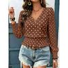 Loose V Neck Polka Dot Print Long Sleeve Casual Women T Shirt