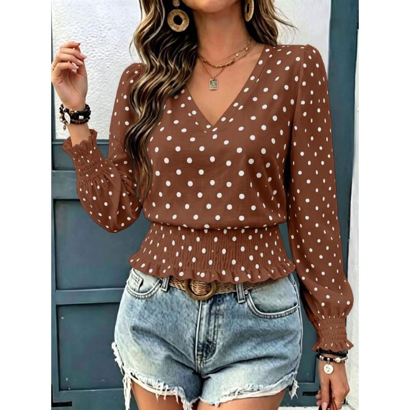 Loose V Neck Polka Dot Print Long Sleeve Casual Women T Shirt