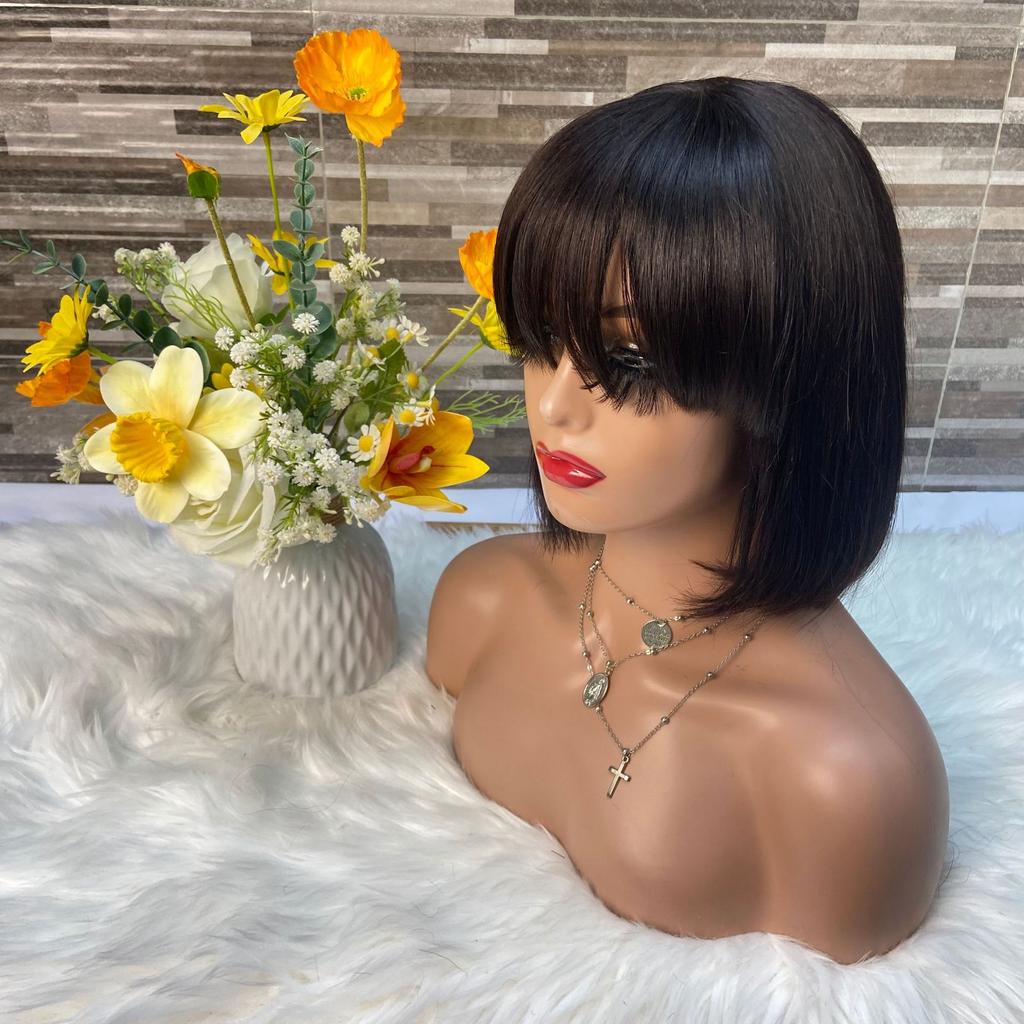 Natural Color Short Hair Mechanism Bangs Bob Wig Black 3*1 Silk Base Lace Wig Women's Straight Bangs