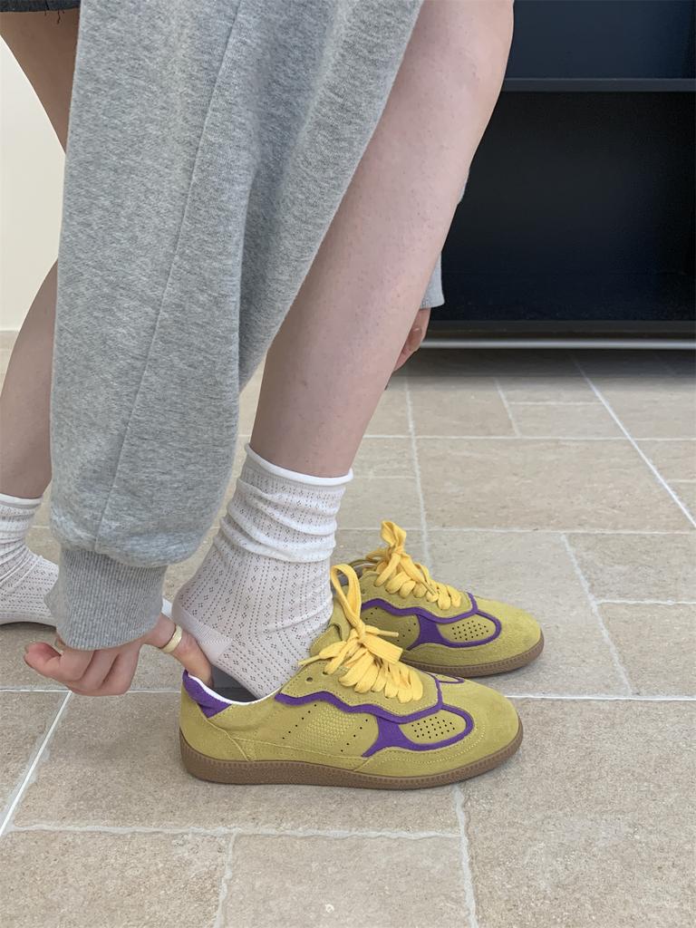 Fashion Yellow Women's Casual Sneakers Designer Training Shoes Patchwork Lace-up Sneakers Leather Flat Women's Shoes Zapatillas De Muje