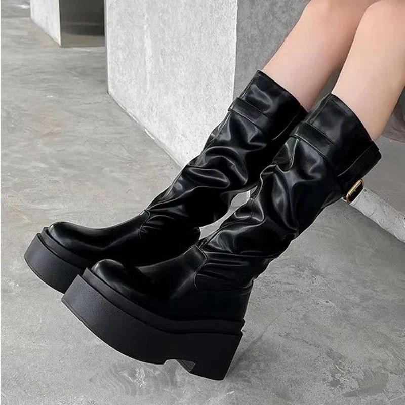 

Женские сапоги на высоком каблуке на платформе, дизайнерские кожаные готические туфли для женщин 2025 года, трендовый ремень с пряжкой, зимние брендовые зимние сапоги-ботинки Mujer 40 чёрный