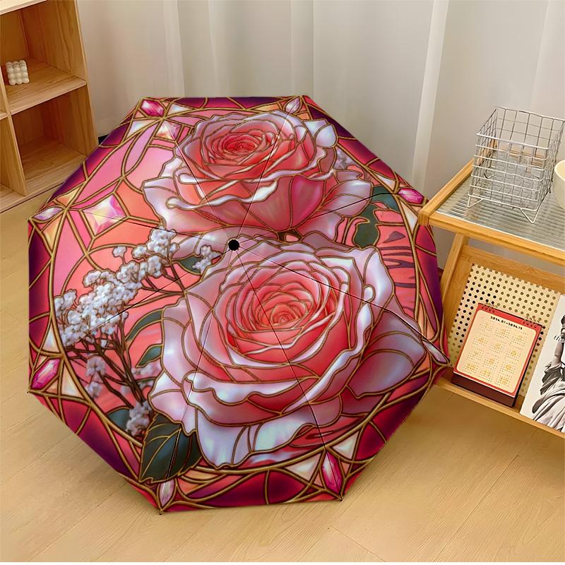 

Pink Rose Mandala Theme Automatic Umbrella Compact 8-Rib Design Sturdy Construction Durable Umbrella Stylish Accessory