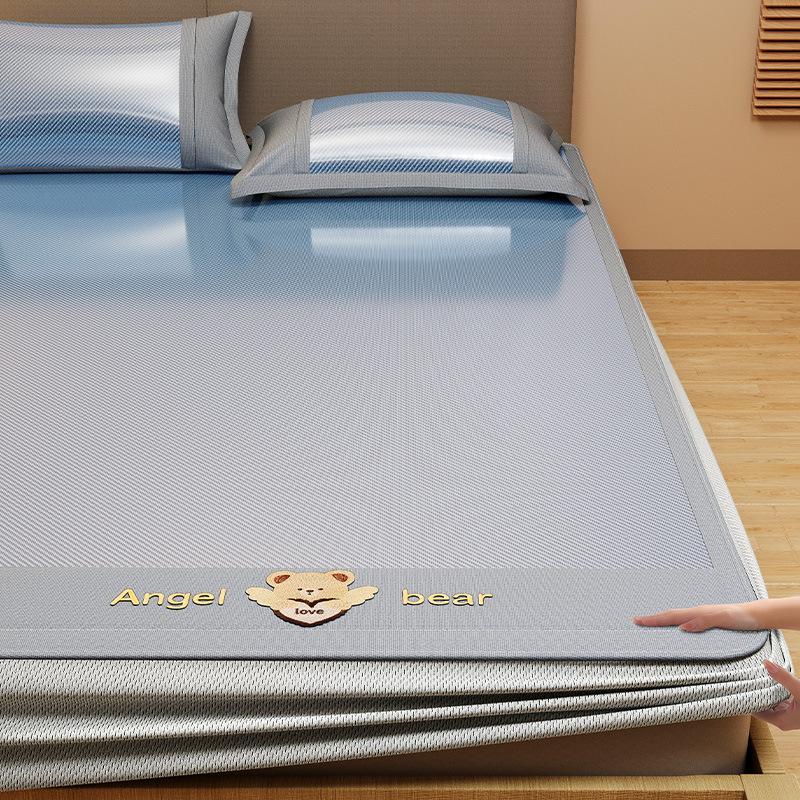 Machine Washable 3-Piece Ice Silk Cooling Mat Set with 2 Pillowcases, Breathable Summer Bed Sheet for Home Dorm, Soft Fitted Sheet